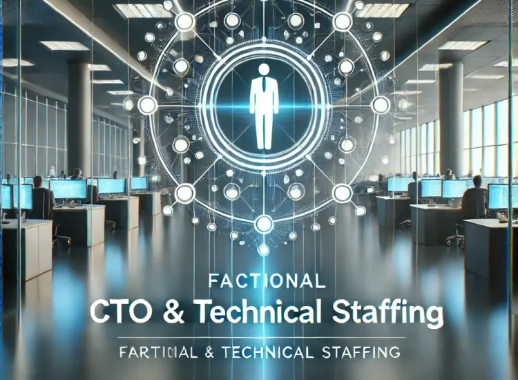 DALL·E 2024-11-22 14.17.50 - A professional and minimalist image representing the service 'Fractional CTO & Technical Staffing'. The image features a sleek, futuristic office envi